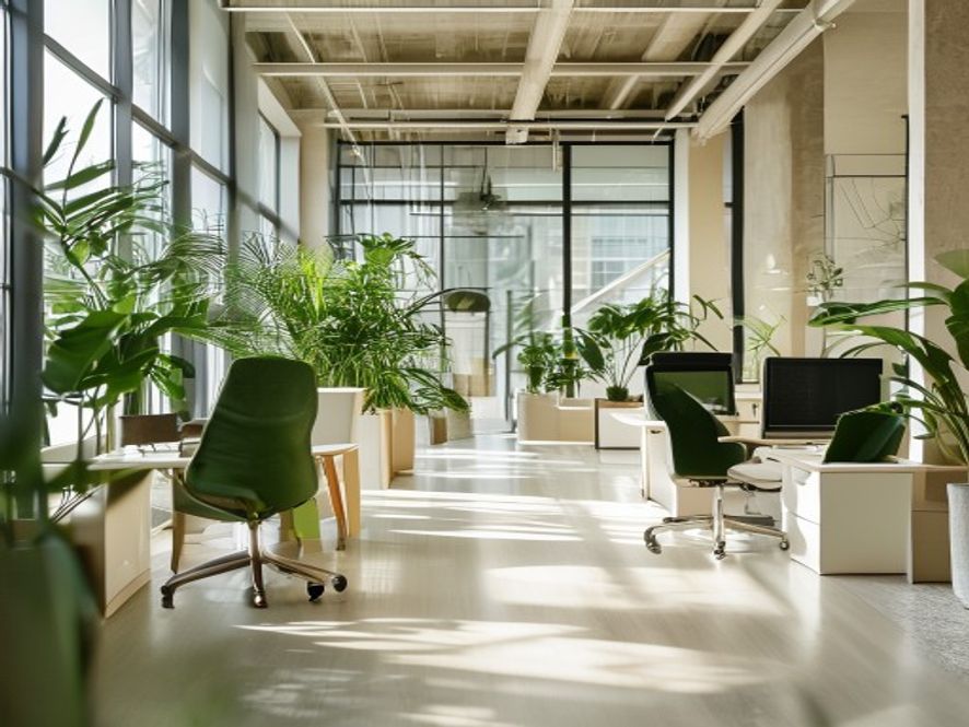 Bright workspace with ergonomic furniture, plants, and collaborative atmosphere