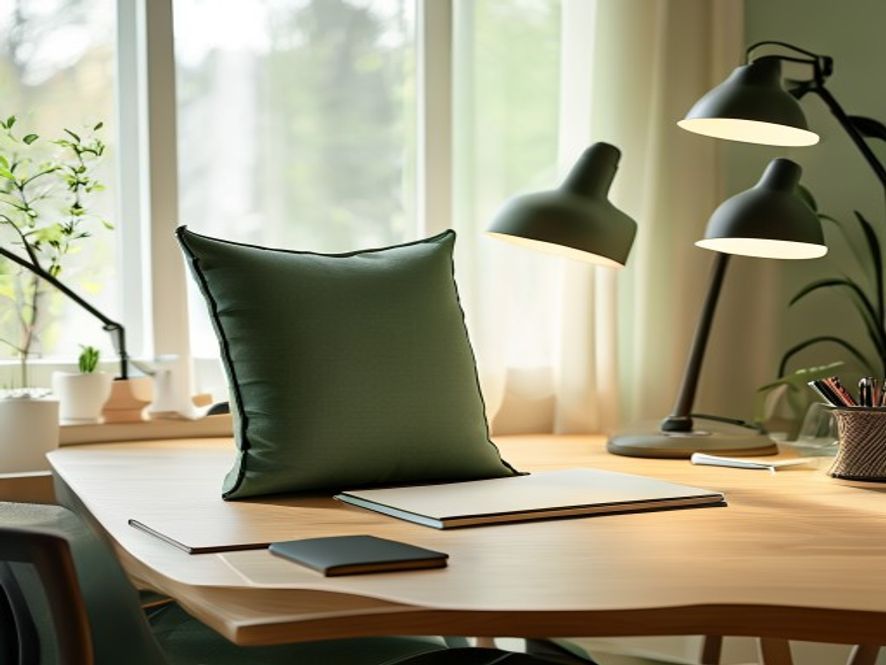 Organised workspace with ergonomic adjustments and wellness items