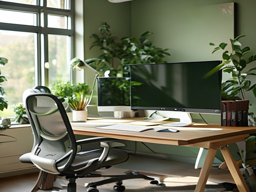 Ergonomic workspace with desk, chair, and monitor at proper height